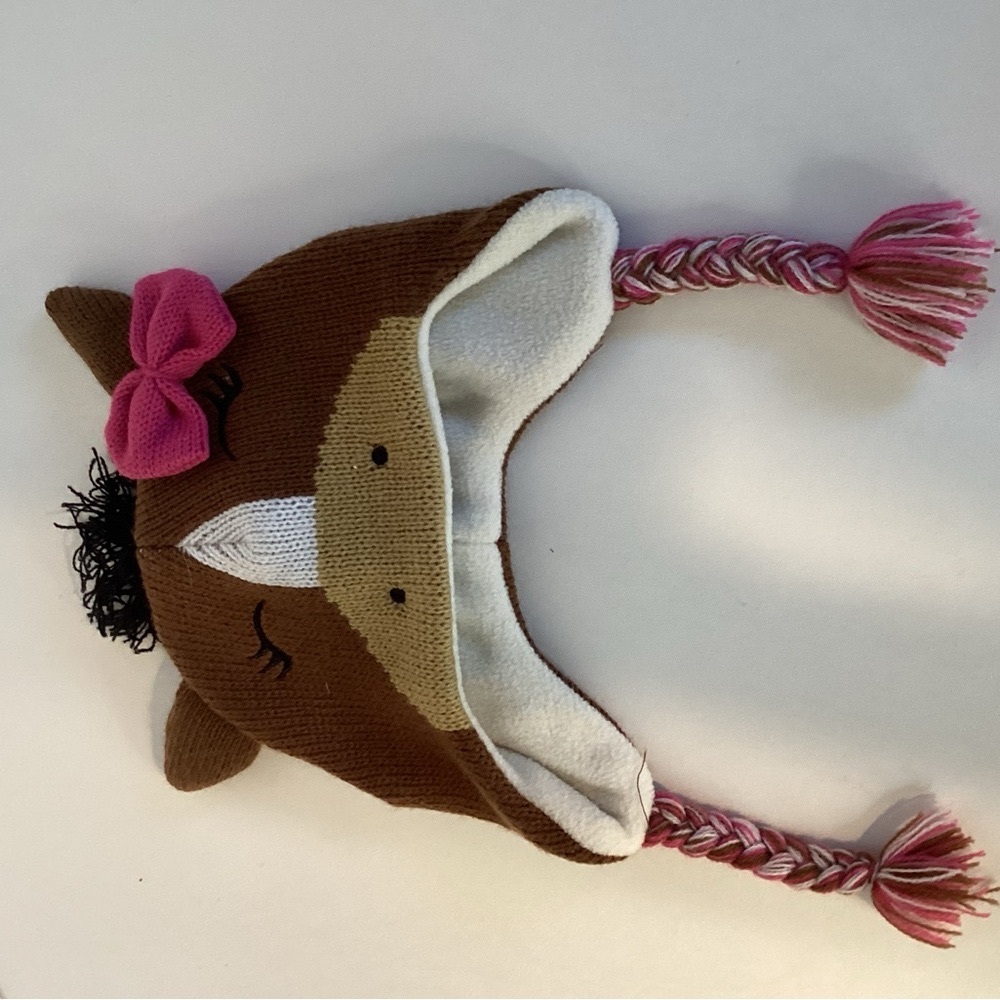 Farm Girls Brown Horse Knit Hat with Pink Bow